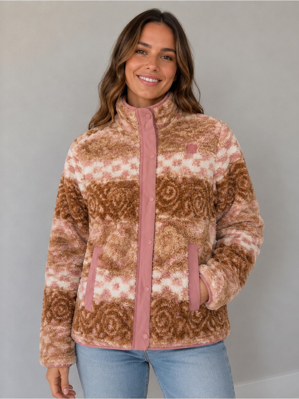 Billabong Cozy Days Sherpa Fleece Jacket, Warm Brown /Rose Pink/Cream Size M & L